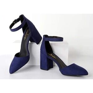 Lulus Navy Blue Faux Suede Pointed Toe Ankle Strap Block Heels Womens Size 8